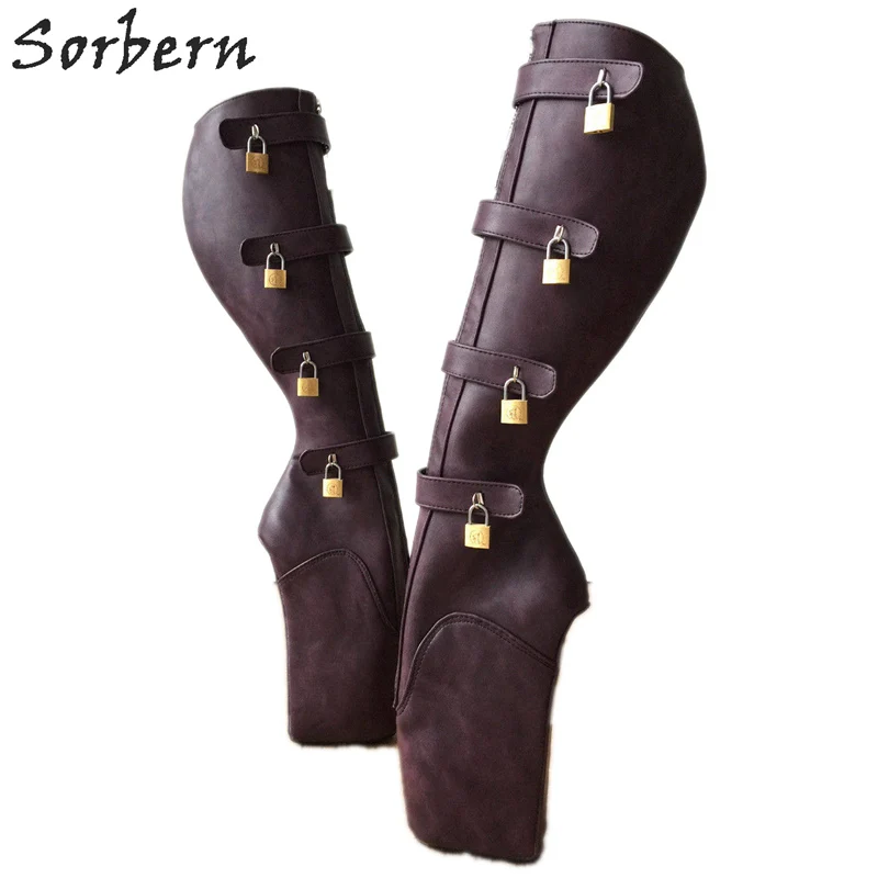 Sorbern Purple 10 Keys Lockable Ballet Wedge Boots Women Leg Straps Womens Spiked Boots Heels Boots Female Womens Mid Calf 2019