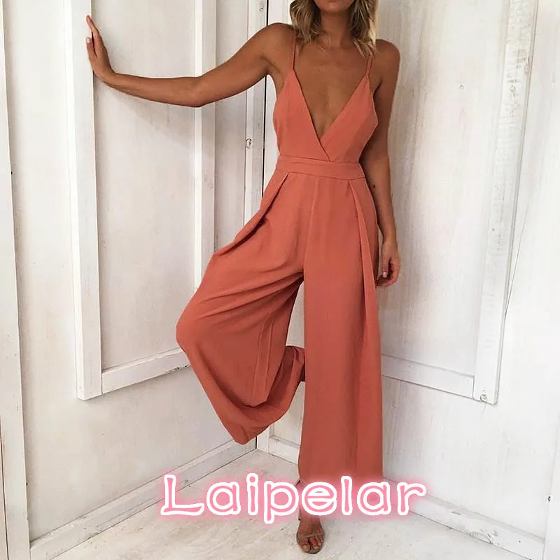 Strap Backless Long Jumpsuits Women Solid Back Bow Flare Leg Playsuit  Summer Beach Loose Jumpsuit Laipelar