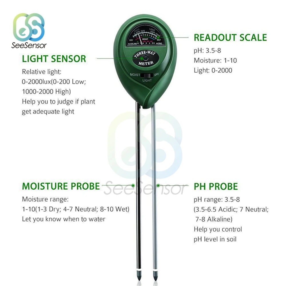3 in 1 umidità dell'acqua del suolo PH Meter acidità umidità luce solare piante da giardino fiori umido Tester strumento di prova strumento