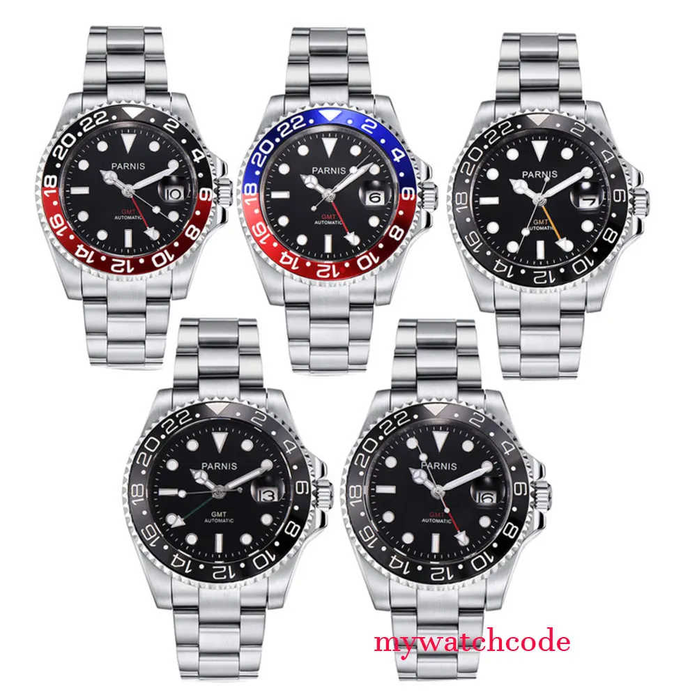 40mm Parnis mechaniczne zegarki czarny czerwony ceramiczny Bezel czarna tarcza GMT szafirowe szkło automatyczny męski zegarek Relogio Masculino