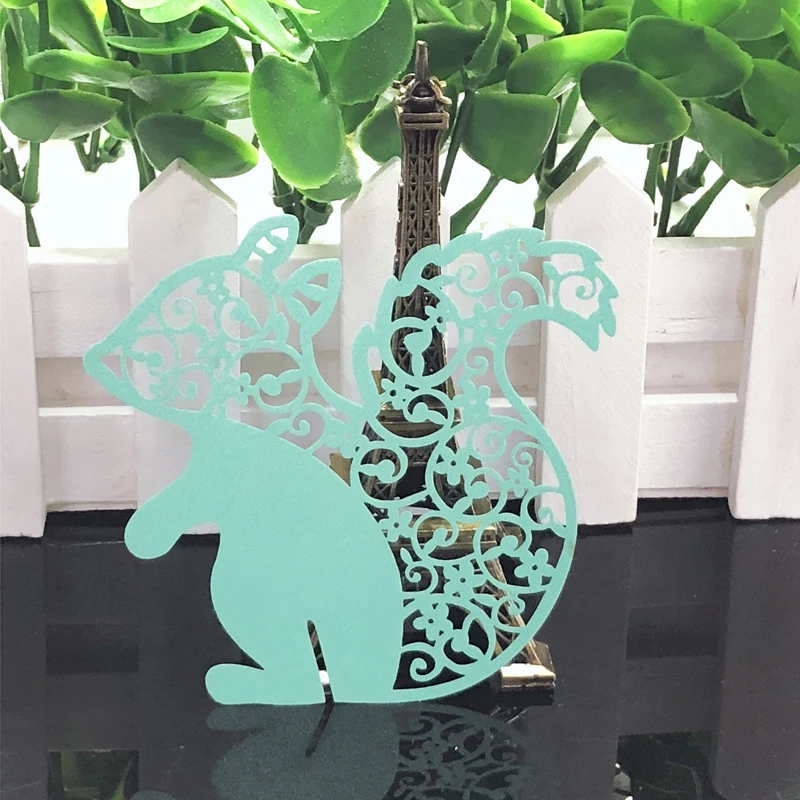 10Colors 50pcs Squirrel Laser Cut Place Card Cup Card Table Mark Wine Glass Paper Card Wedding Christmas Birthday Party Decor