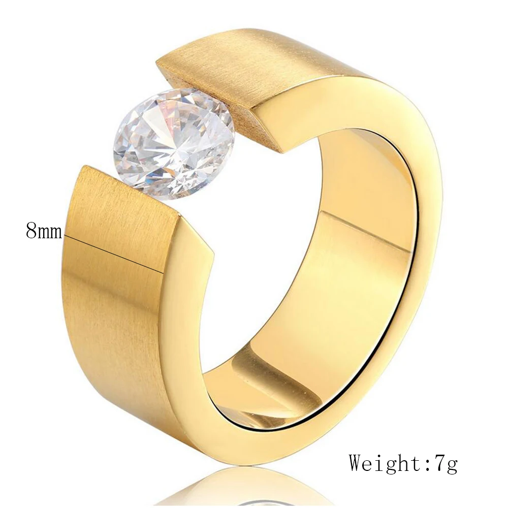 Fashion Jewelry Tension Setting Round Zircon Rings for Men Women Black Gold-Color Stainless Steel Ring for Parties