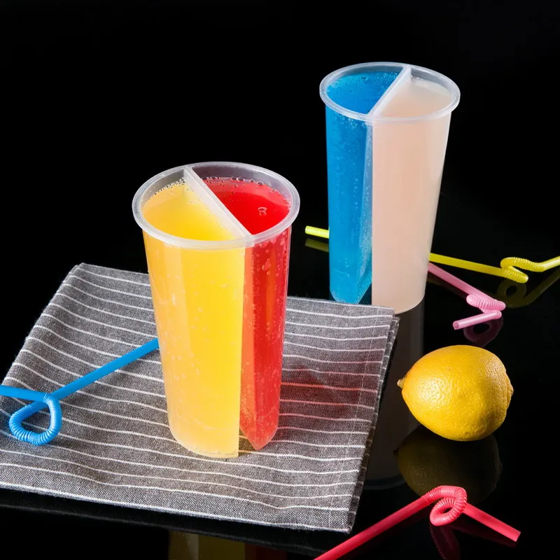 700ml Creative Special Thickness Double Grid Disposable Plastic Cup Hot Cold Drink Juice Share cup Couple sharing cup S2017391