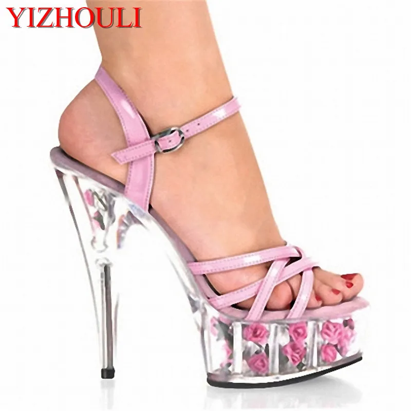 Pink 15cm high with rose decoration platform, sexy sandals transparent 6 inch crystal shoes