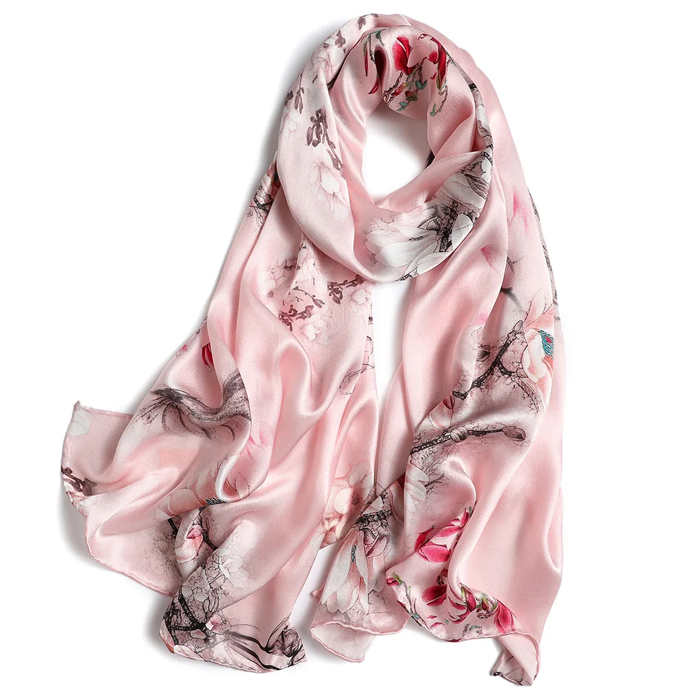 DANKEYISI Women Silk Scarf Floral Print Ladies Long Silk Scarf Shawl Real Silk Beach Shawl Cover Ups Women Silk Scarves Wraps