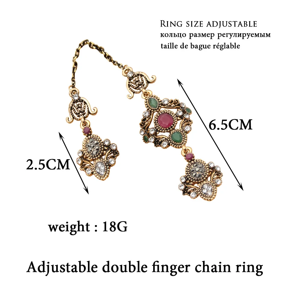 Nobby Flower Double Finger Ring Turkish Women Antique Crystal Ethnic Chain Rings Royal Ladies Arabesque Jewelry Anneau Anillos