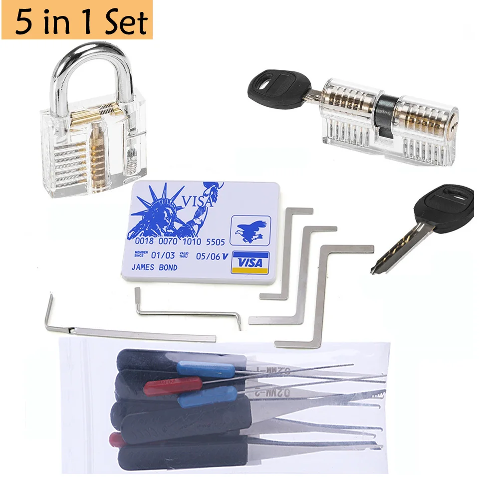 5 in 1 Locksmith Tool Picking Kit 2pcs Transparent Lock with 5pcs Mini Tool,10pcs Broken key Remove Tool,5pcs Tension Tools