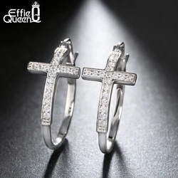 Effie Queen Hot Sale Big Hoop Earrings with Zirconia Diamonds Classic Cross Style Clip Design Women's Earring Jewelry Gift OE142