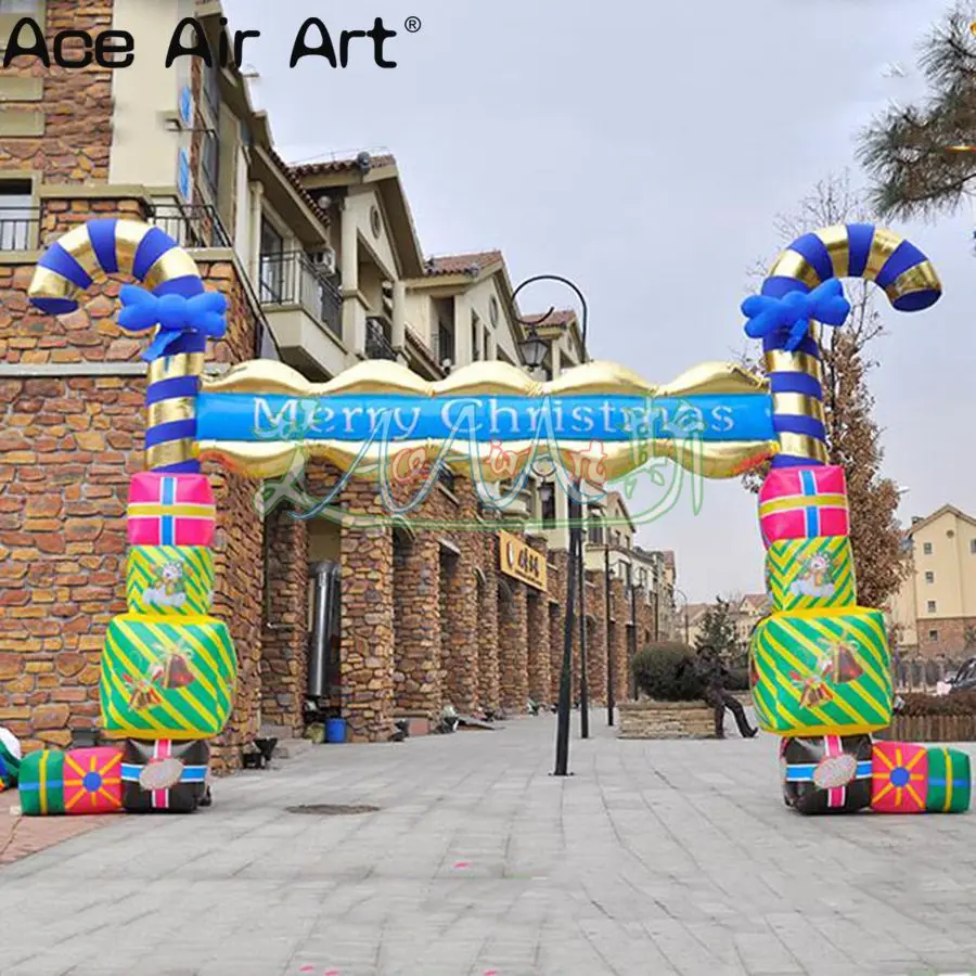 

New Design Inflatable Christmas Party Arch With Gift Box Dark Blue Candy Cane Archway For Festival Decoration