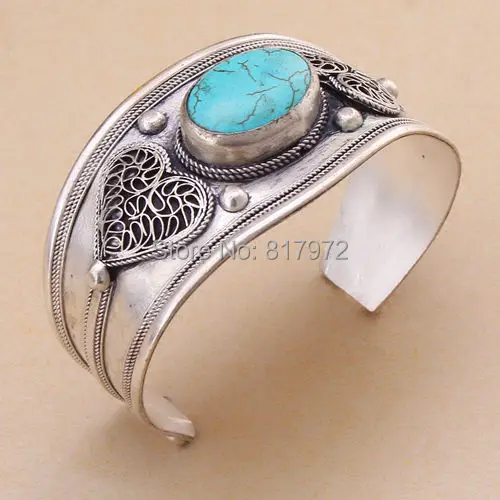 

Retro tibet silver heart love bling inlay green stone howlite bead cuff bracelet Vintage style Adjustable Party Gift &6YB00007