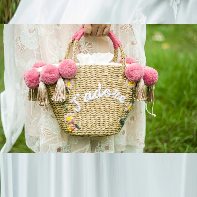 Bohemian Beach Bag for Women Cute Handmade Straw Bags tassels pom pom Summer Vacation Handbags Drawstring Basket Bag Travel Tote