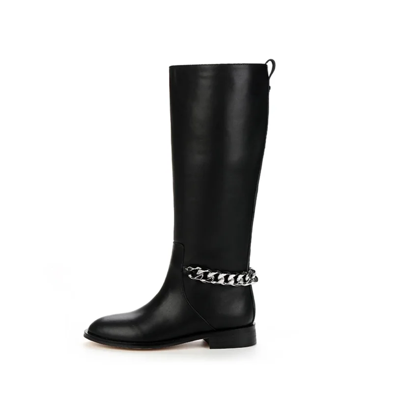 

2018 Genuine Leather Over The Knee Boots Woman Round Toe Silver Chain Low Heels Long Boots Women Fashion Knight Slip On Boots