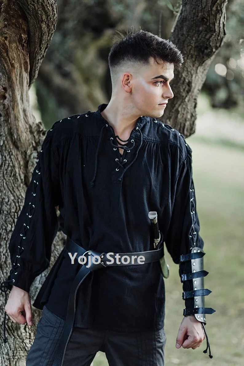 Männer Medieval Renaissance Bräutigam Pirate Reenactment Larp Kostüm Schnürung Up Shirt Verband Top Mittleren Alters Kleidung Für Erwachsene 3XL