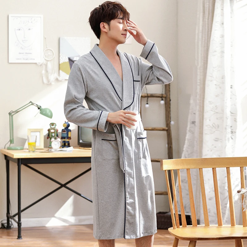 Big Yards M-XXXL Spring Men Gray Color Robes Long Sleeve Robe Coat albornoz hombre Male Sleepwear Kimono Bath Gown With Belt