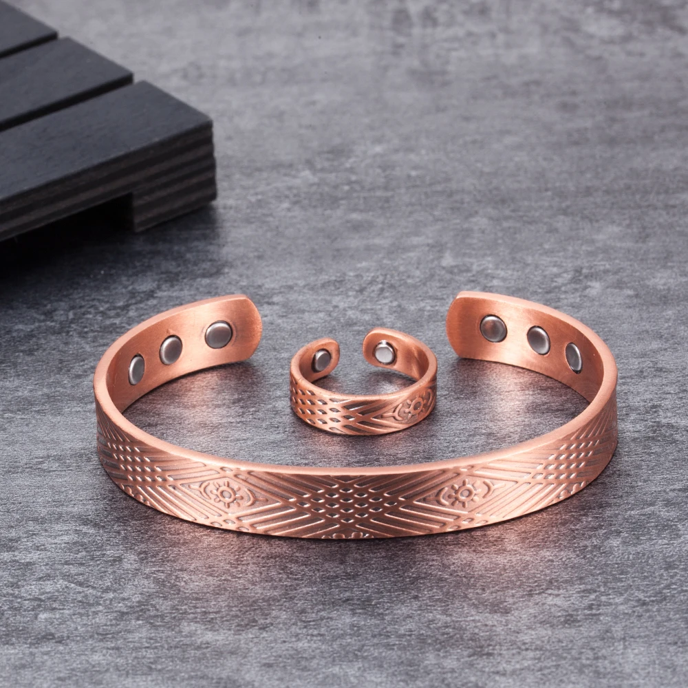 Vinterly Magnetic Jewelry Sets for Women Men Health Bracelet Ring Jewelry Sets Vintage Adjustable Open Cuff Copper Bangles Rings