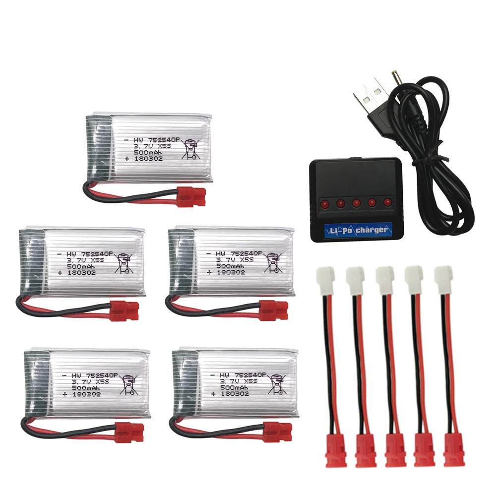 5 baterías recargables de polímero de litio para drones de 3,7 V y 500 mAh. 752540 P + Juego de cargador para RC Syma X5C X5SC M68 Cheerson CX-30
