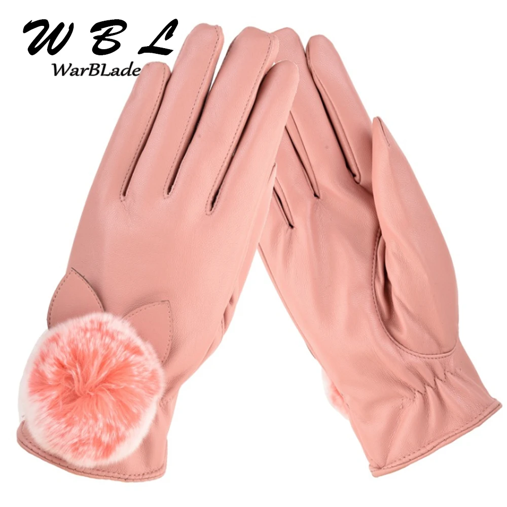 

2018 Women Warm Thick Winter Gloves Leather Elegant Girls Brand Mittens Free Size With Rabbit Fur Female Gloves WarBLade