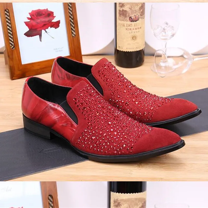 

Choudory Red Black Beading Men Shoes Genuine Leather Loafer Velvet Slippers Rhinestone Pointed Toe Dress Wedding Shoes