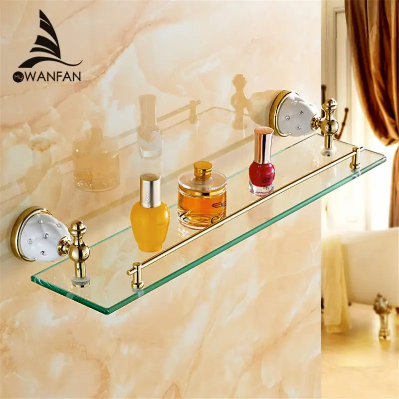 Bathroom Shelves Solid Brass Golden Shower Wall Holder Shampoo Storage Rack Bath Accessories Single Tempered Glass Shelf 5213