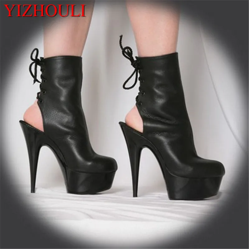 Black fashion motorcycle boots, super high heels, nightclub stage 15 cm classic 6 inch women's ankle boots