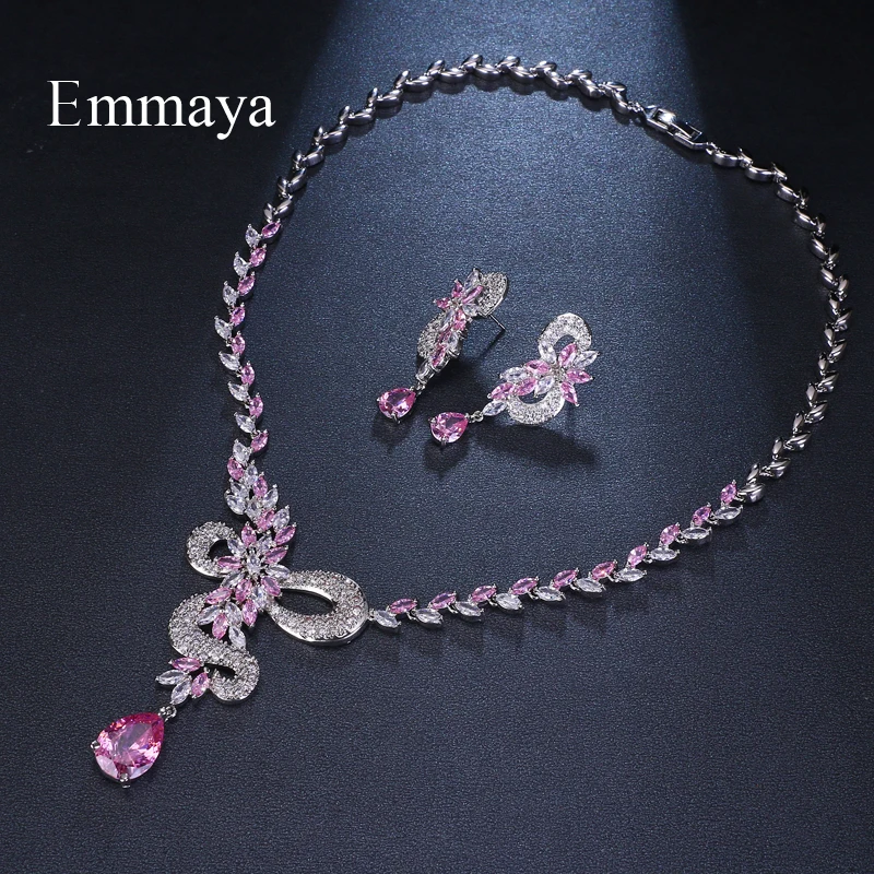 Emmaya Brand Fashion Water Drop Shape AAA Cubic Zircon Three Colors Crystal Earrings Necklace Set For Women Bride Jewelry Gift