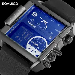 BOAMIGO- Relojes deportivos para hombre, reloj de pulsera masculino de cuarzo de cuero militar, con led, 3 zonas horarias