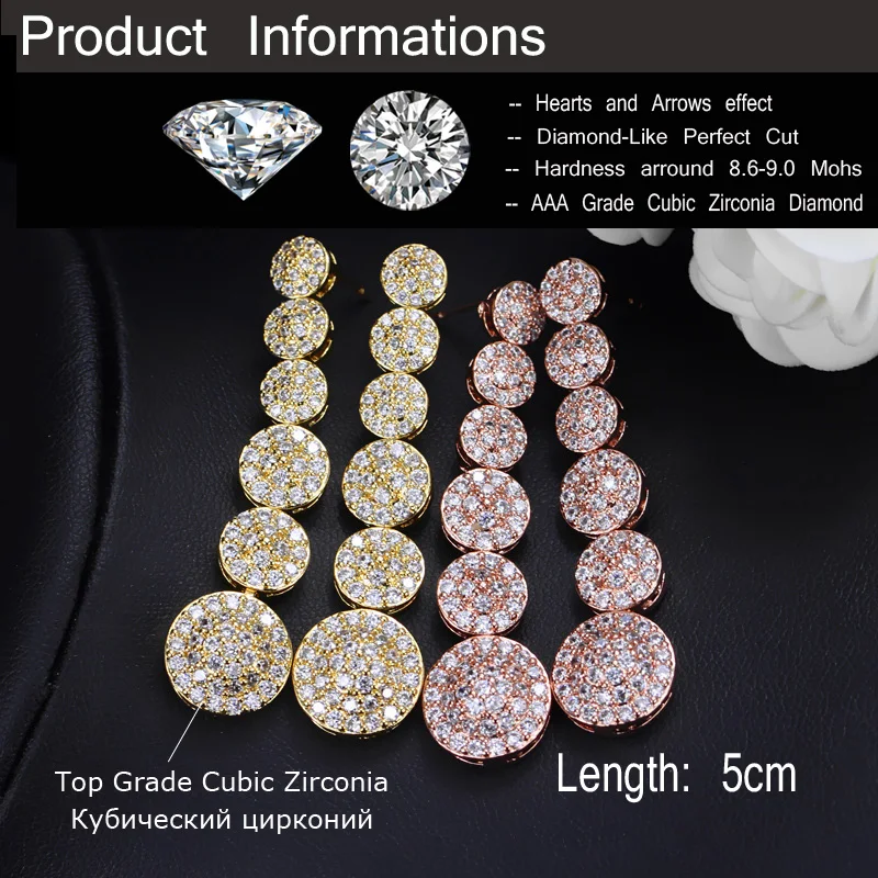 CWWZircons High Quality Rose Gold Color Micro Pave CZ Zirconia Stone Long Round Drop Earrings for Women CZ206