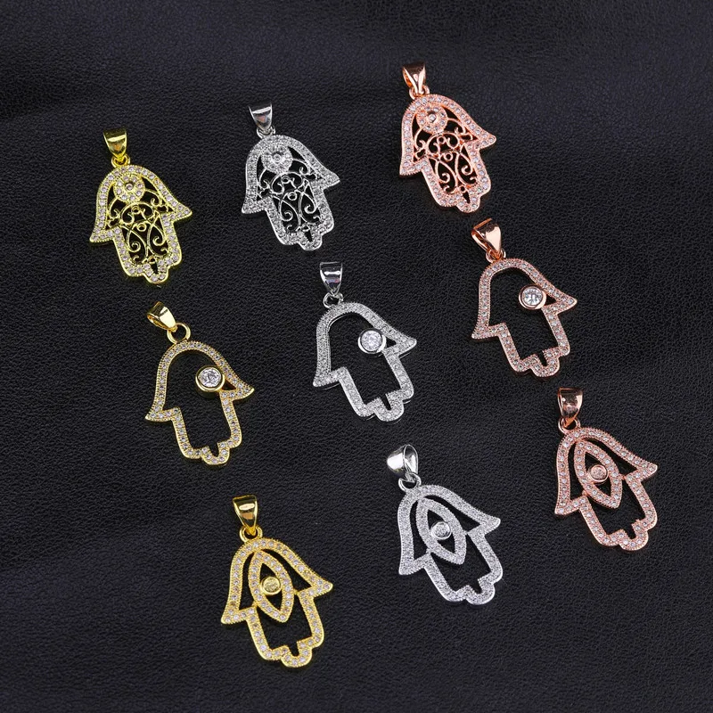 

New 4 Style Copper Metal Inlaid AAA Zircon Fashion Small Hamsa Hand/Palm Lucky Charms Pendant For Jewelry Making Accessories