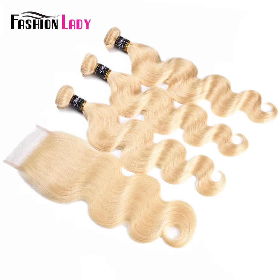 Fashion Lady – mèches Body Wave brésiliennes 100% naturelles, blond platine, avec Lace Closure, partie libre, lots de 3