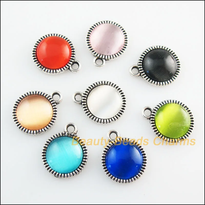 

16 New Retro Charms Stone Round Tibetan Silver Pendants Mixed 12.5x15mm