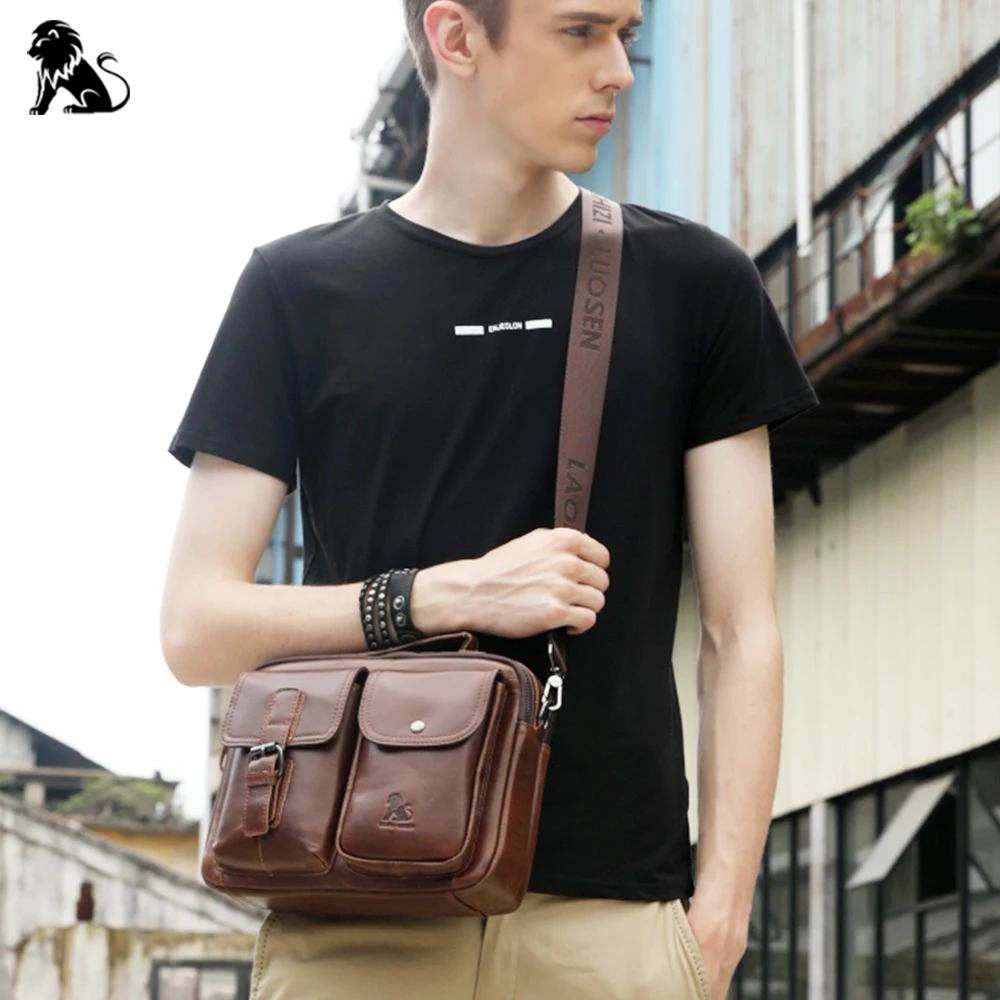 Bolsa mensageiro masculina de couro legítimo, bolsa de ombro vintage casual de couro de vaca