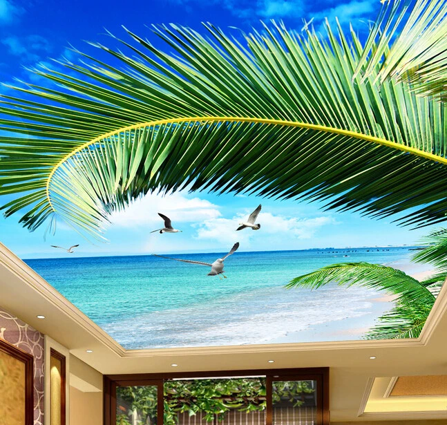 Custom wallpaper ceiling, palm sea blue sky murals for the living room ceiling apartment hotel background wall vinyl wallpaper