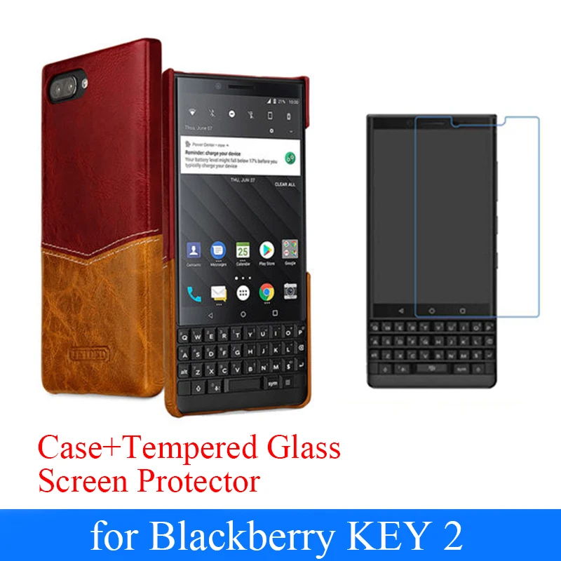 

Genuine Leather Case For Blackberry KEY2 Slim Phone Cover + Tempered Glass Screen Protector for Blackberry KEY 2 Key Two Bag New