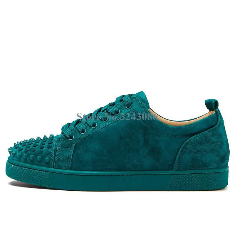 Peacock Green Faux Suede Rivet Lace Up Men Shoes Round Toe Comfortable Flat Shoes New Arrival Fashion Casual Spikes Sneakers