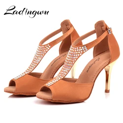 Ladingwu Women's latin dance shoes Soft Dancing Shoes Salsa Rhinestones BrownRed color Latin Dance Shoes Gold-plated heel 8.5cm