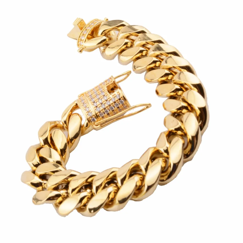 Granny Chic 8/10/12/14/16/18mm 8-11inch Mens 18K Gold Plated Stainless Steel Miami Curb Cuban CZ Link Chain Bracelet Jewelry