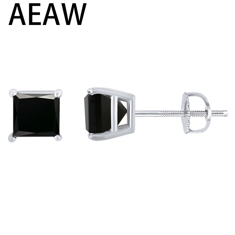 AEAW 1ctw 5mm Princess Black Moissanite Diamond Solid 10k White Gold Stud Earrings