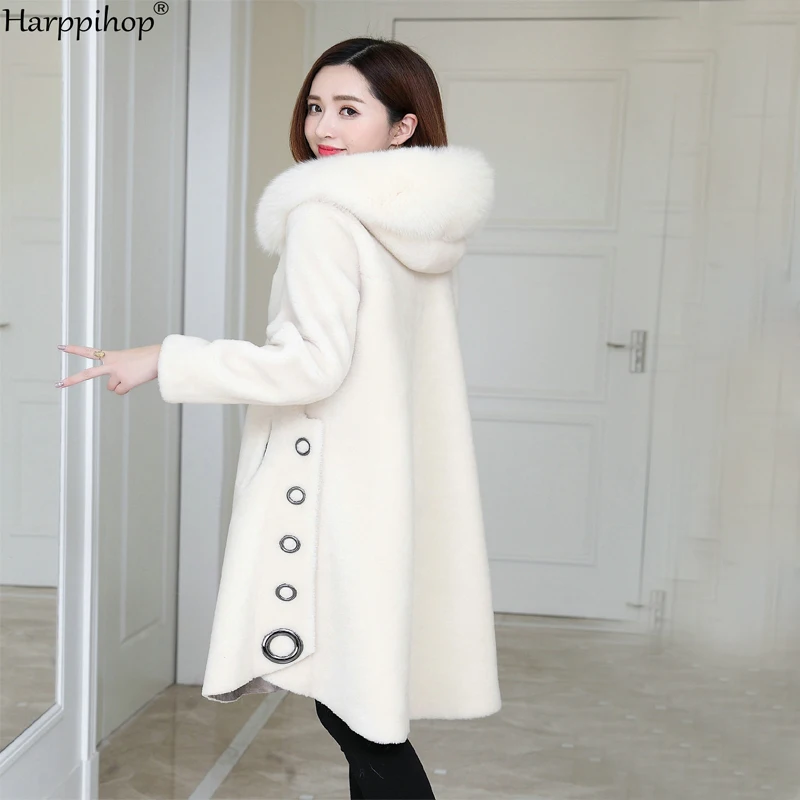 

Granule sheep sheared fur coat female long section 2019 winter new fox fur hooded one fur coat