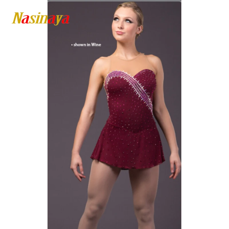 Nasinaya Figure Skating Dress Customized Competition Ice Skating Skirt for Girl Women Kids Gymnastics Performance Wine Red