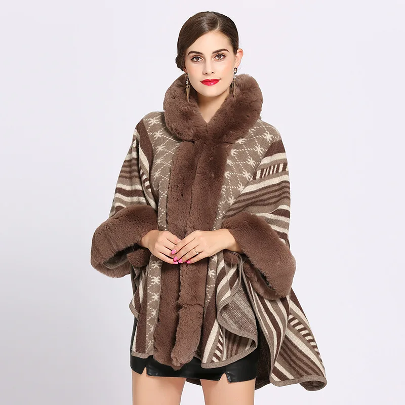 4 Colors Oversize Women Printed Striped Coat Female Long Sleeves Knitted Cardigan Cloak With Hat Winter Faux Rabbit Fur Poncho