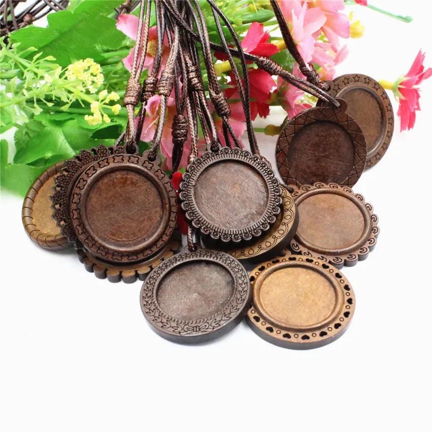 Fit 25mm Cabochons brown Wood Necklace Base blank Wooden Pendant Trays Diy Jewelry Accessories for Necklace Making 2 Strands
