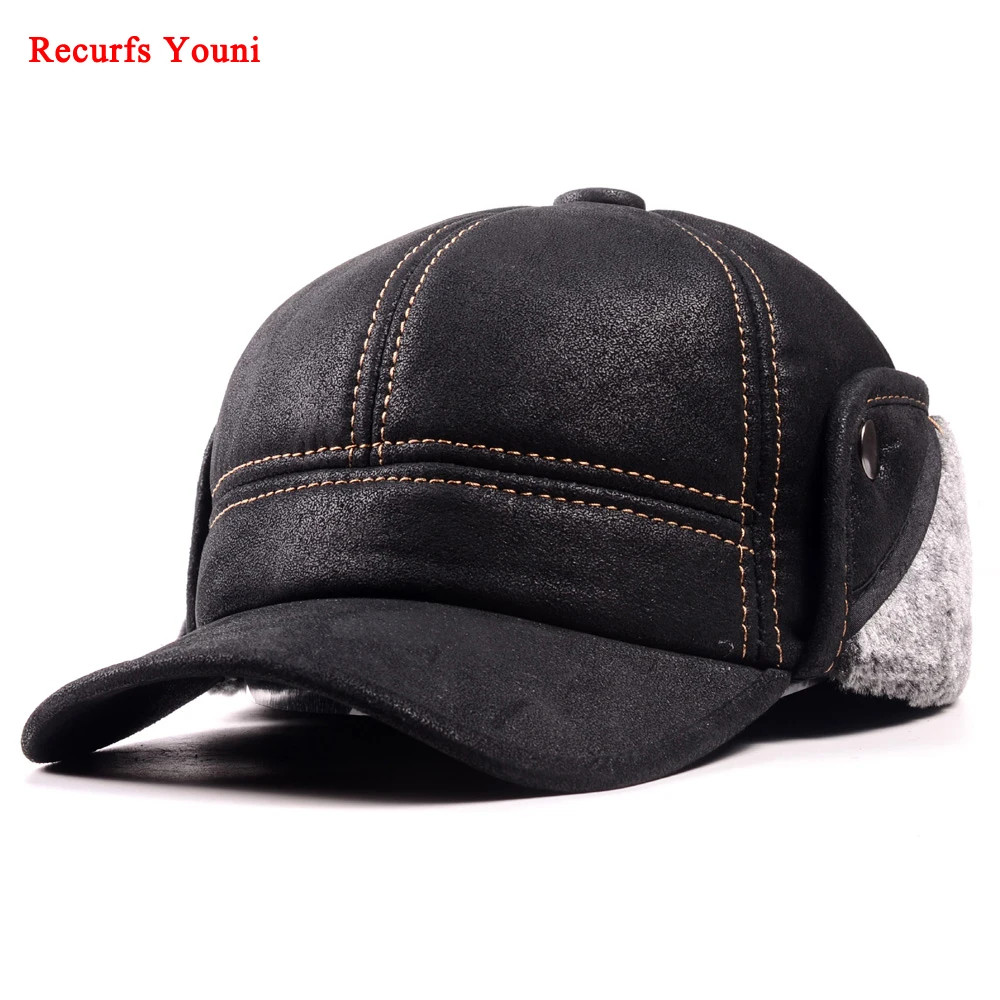 RY9100 Male Winter Genuine Leahter Suede Bomber Hat Man Nubuck Thick Head Warm Dome Caps Elder Black/Brown sewing Fitted Gorras