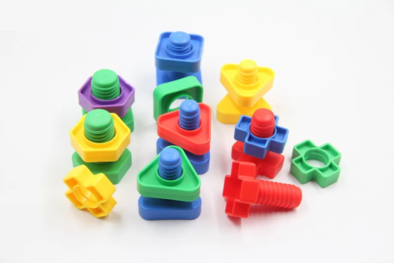 Juego de 5 bloques de construcción de tornillos para niños, inserto de plástico, forma de tuerca, juguetes educativos, modelos a escala montessori