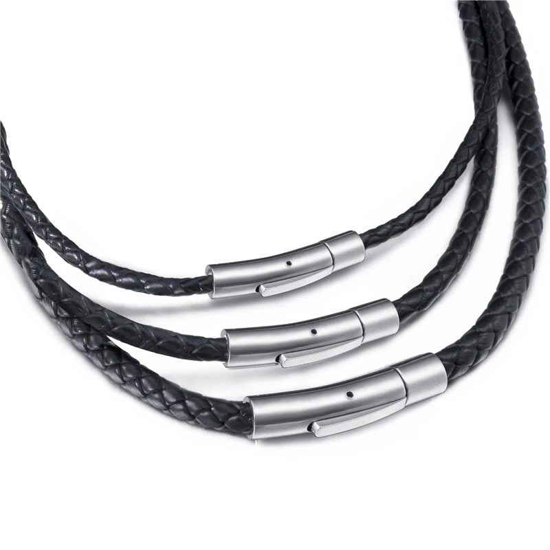 

3/4/5mm Black Leather Necklaces for Men Women Cord Silver Stainless Steel Magnetic Clasp Braided Genuine Choker