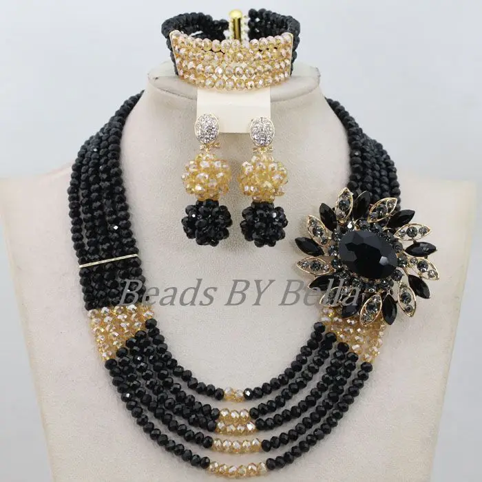 Smart 5 Layers Nigerian Party Necklace Set African Wedding Women Black Crystal Beads Bridal Jewelry Sets Free Shipping ABF777