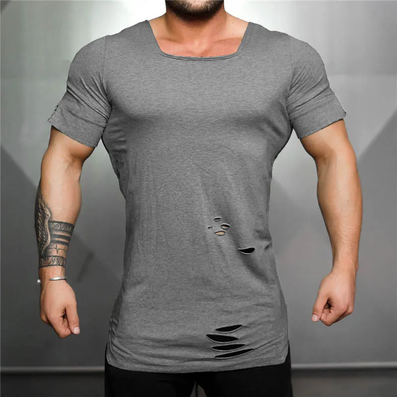 Muscleguys Brand 2023 Summer Long T-Shirt Men Fashion Hole Distressed Fitness T shirt Short Sleeve Solid Slim Fit Hip Hop Tshirt