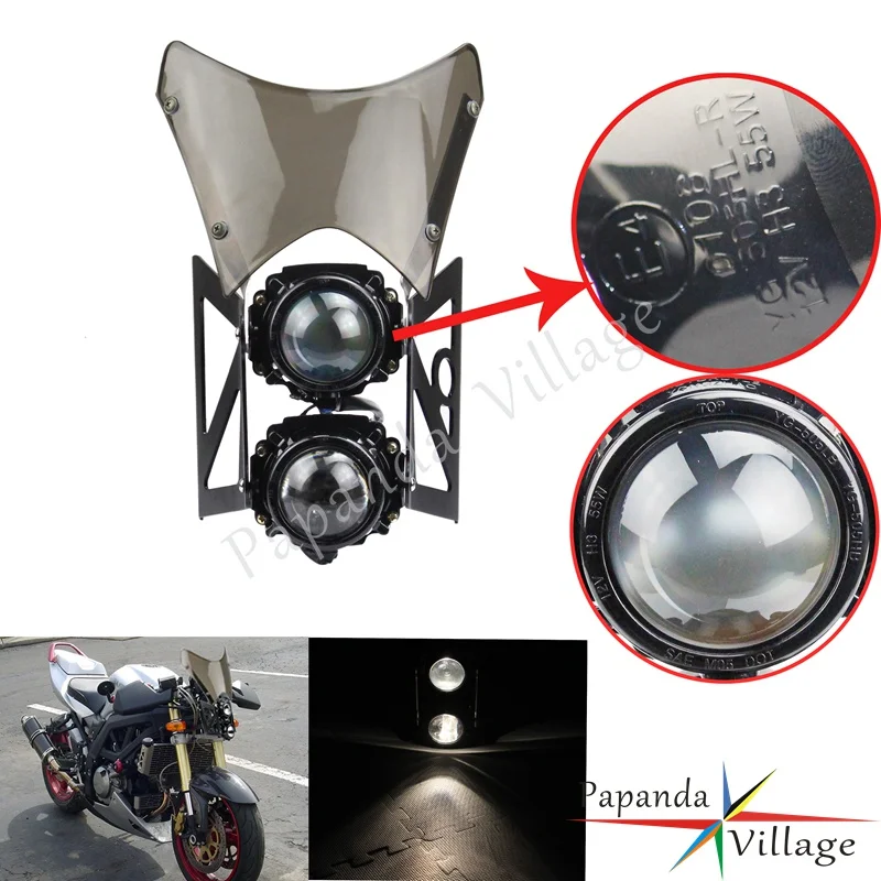 Motorcycle 4\'\' E-Mark Twin Headlight with Black Bracket Streetfighter Projector Dual Sport Headlamp Assembly W/ Smoke Windscreen