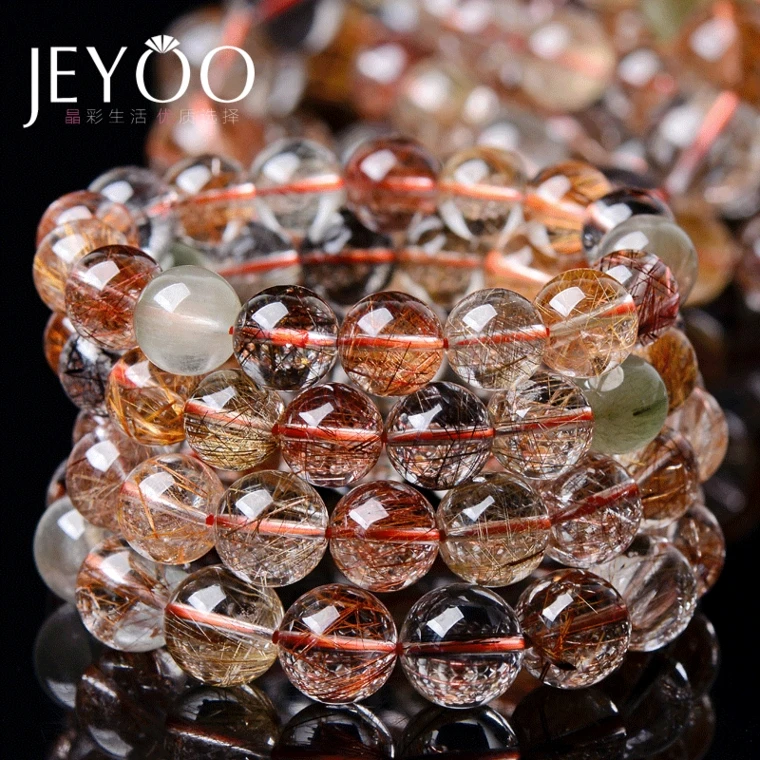 

Natural Colorful Copper Rutilated Quartz Crystal Bracelet Brazil Woman Man Wealthy Round Beads Jewelry AAAAA