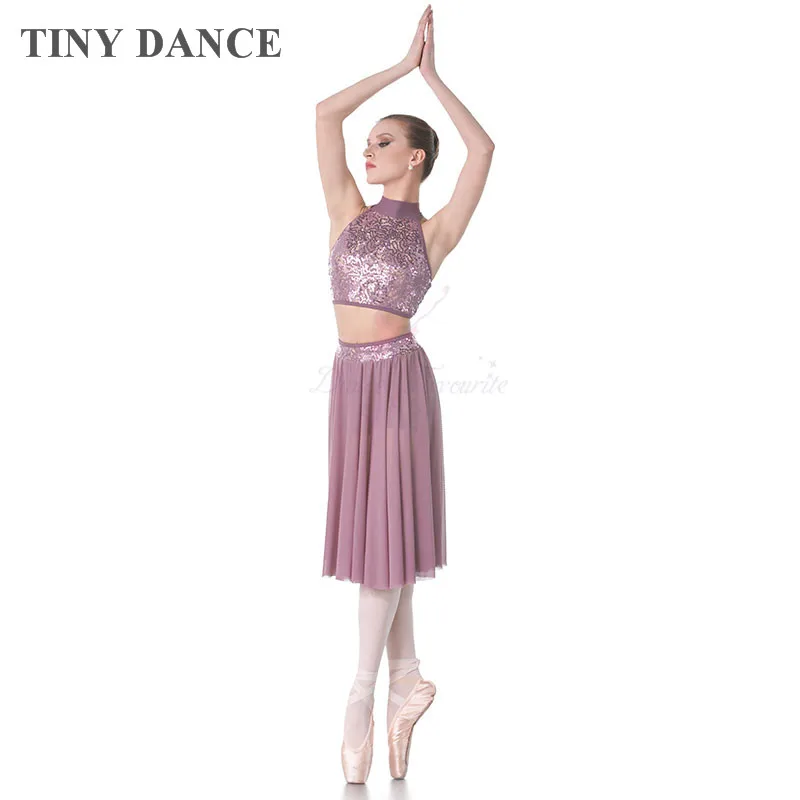 Purple Grey Sequin Lace Bodice Lyrical & Contemporary Dance Costume for Child and Adult Halter Neck Ballet Dancing Dress 18005