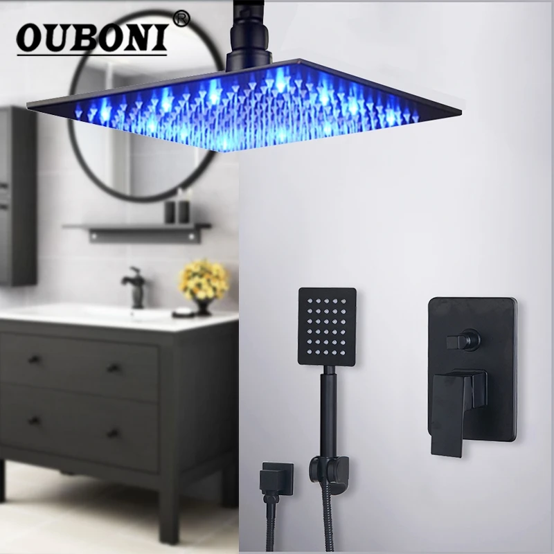 OUBONI 8 12 16 Ceiling Mount Black Bathroom Shower Faucet Set LED Shower Head Mixer Tap W/ Rainfall Hand Shower Faucets Set